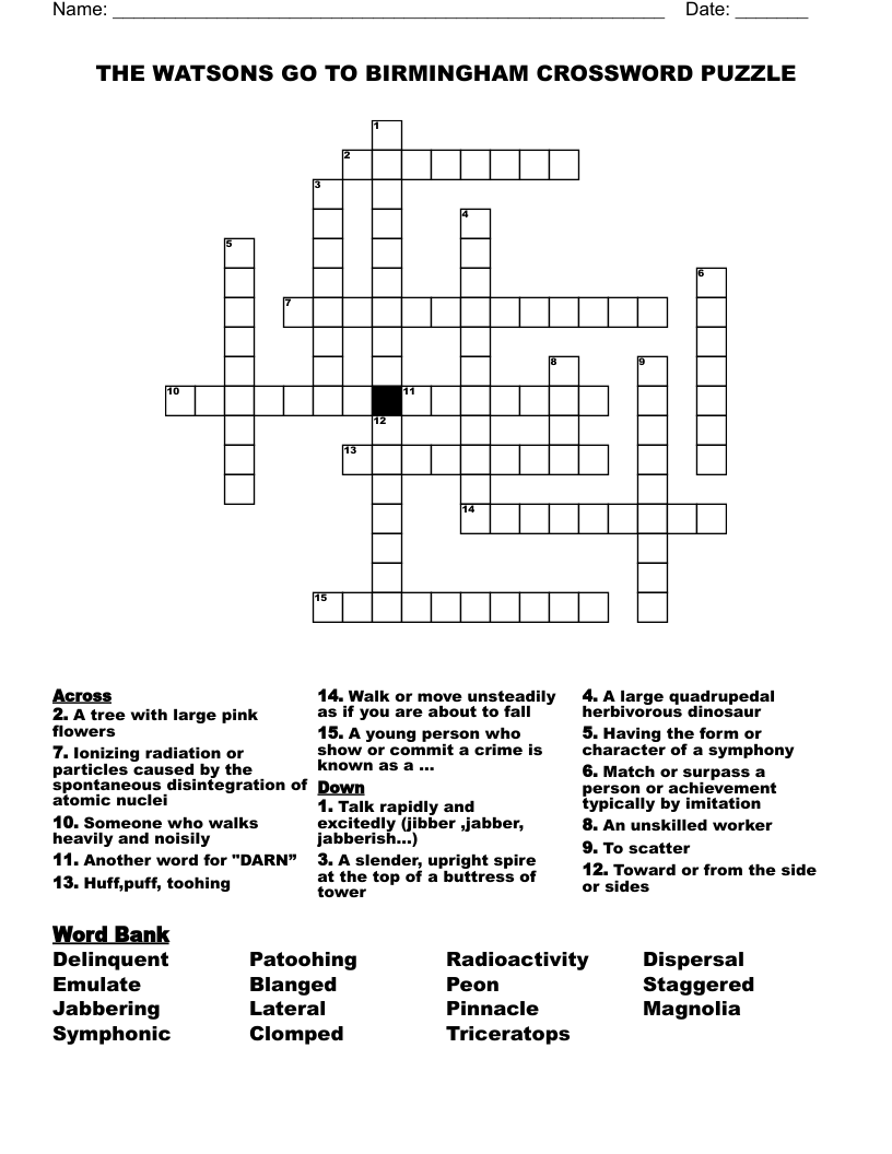 THE WATSONS GO TO BIRMINGHAM CROSSWORD PUZZLE 