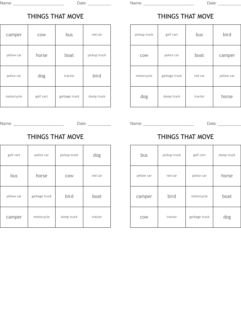 THINGS THAT MOVE Bingo Cards