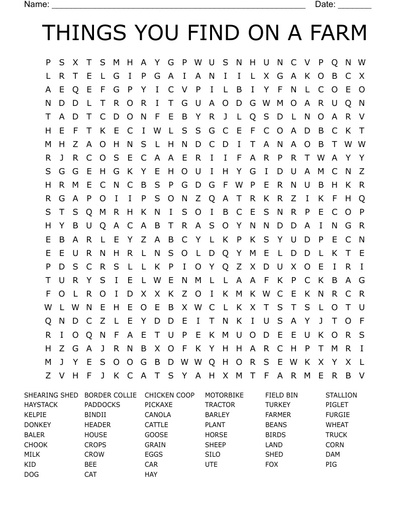 THINGS YOU FIND ON A FARM Word Search