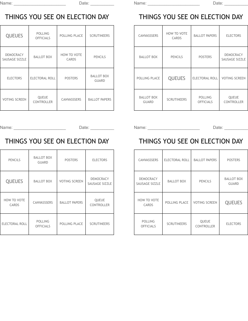 THINGS YOU SEE ON ELECTION DAY Bingo Cards