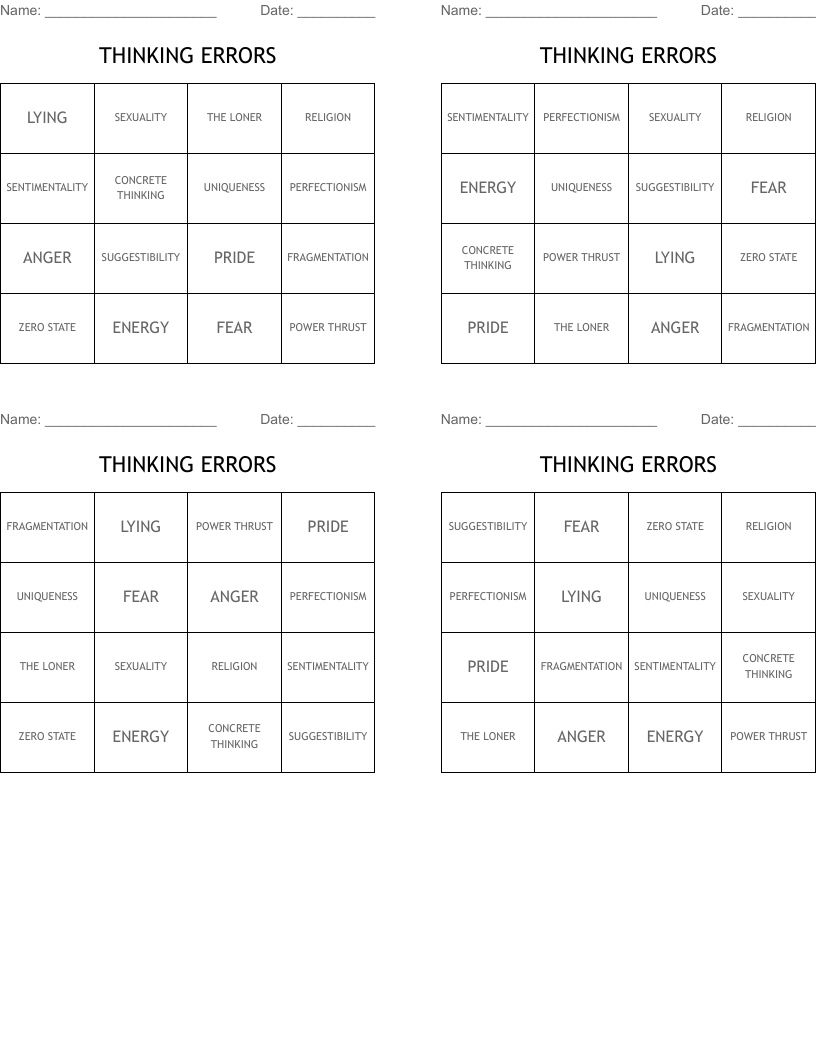 THINKING ERRORS Bingo Cards