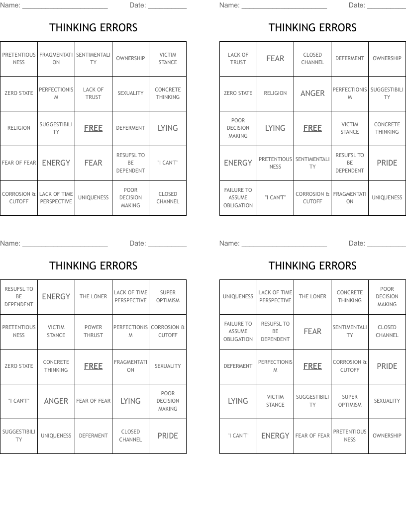 THINKING ERRORS Bingo Cards