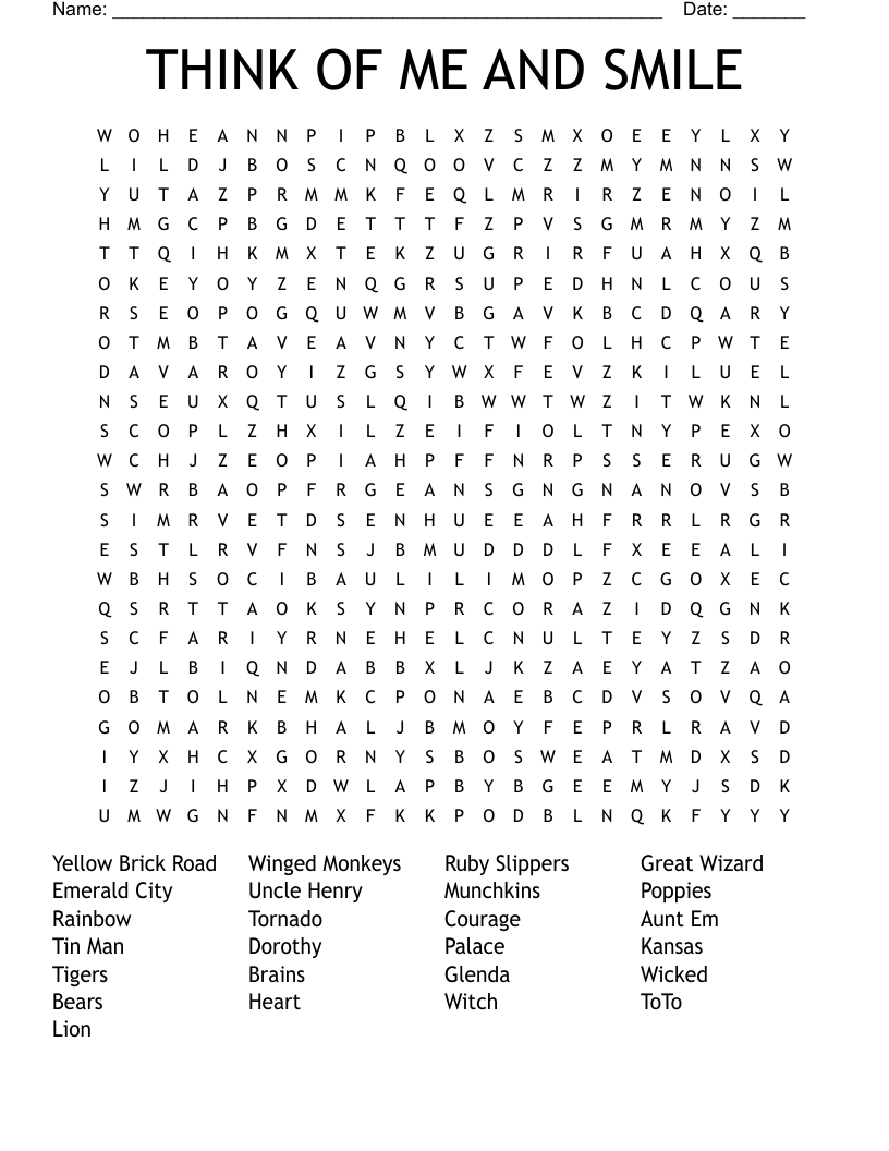 THINK OF ME AND SMILE Word Search