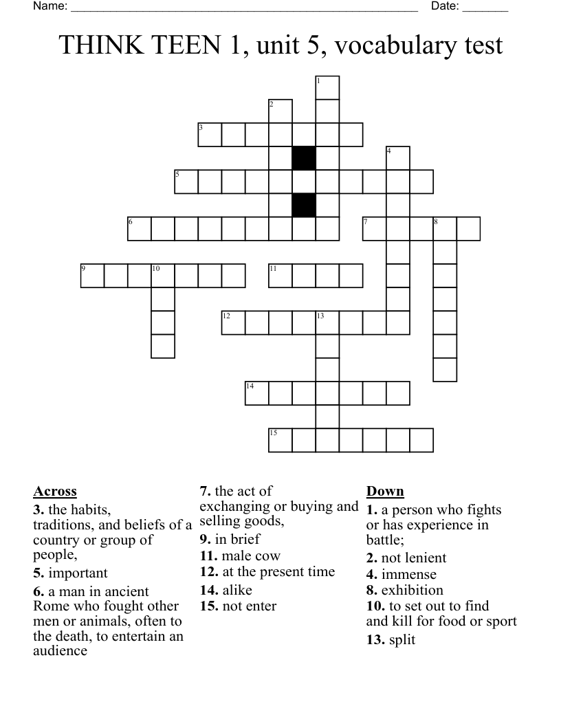 THINK TEEN 1, unit 5, vocabulary test Crossword