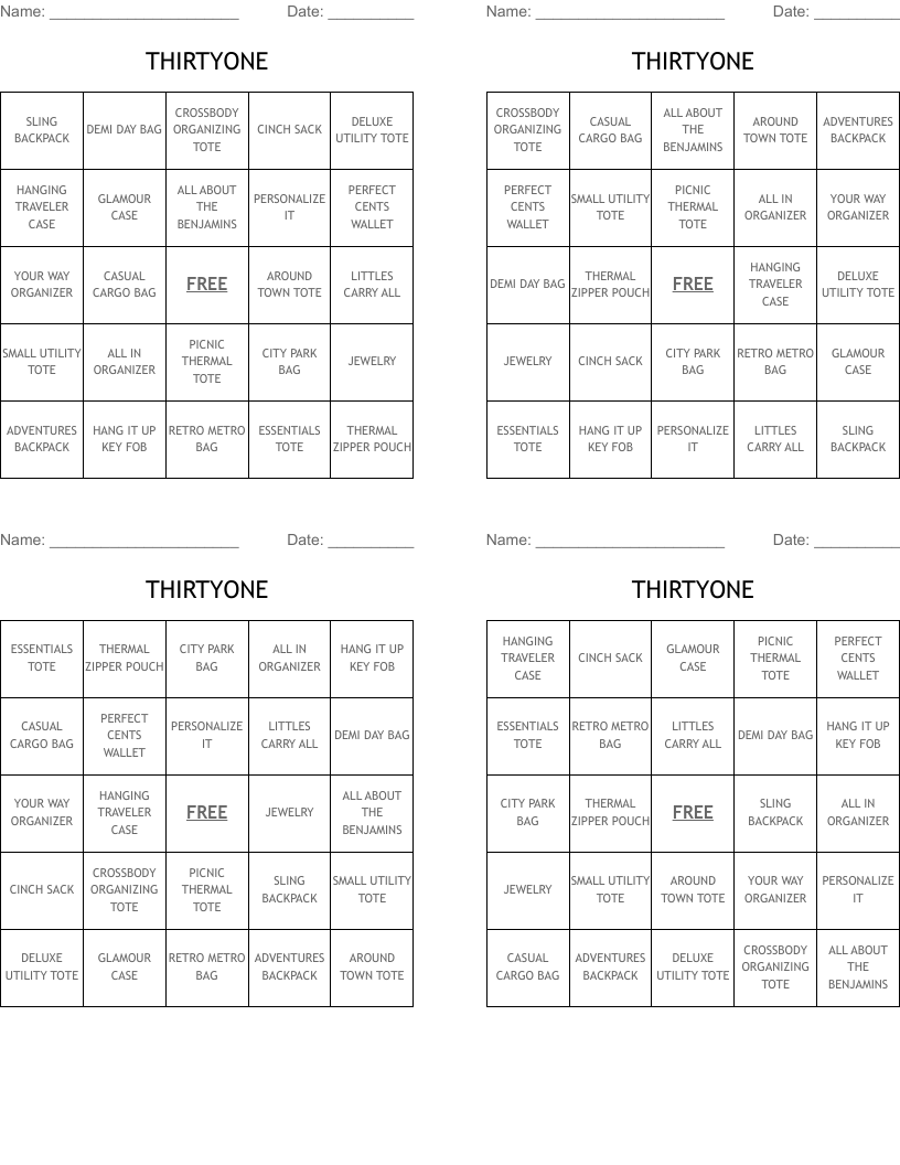 THIRTYONE Bingo Cards