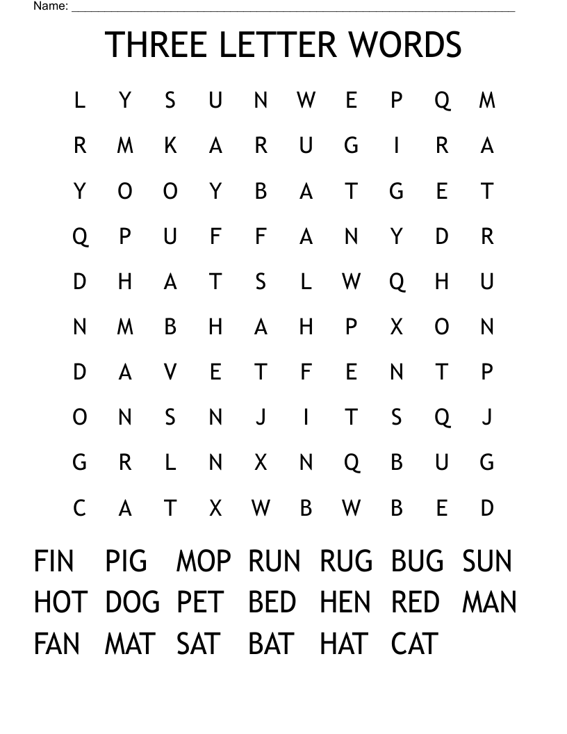 THREE LETTER WORDS Word Search