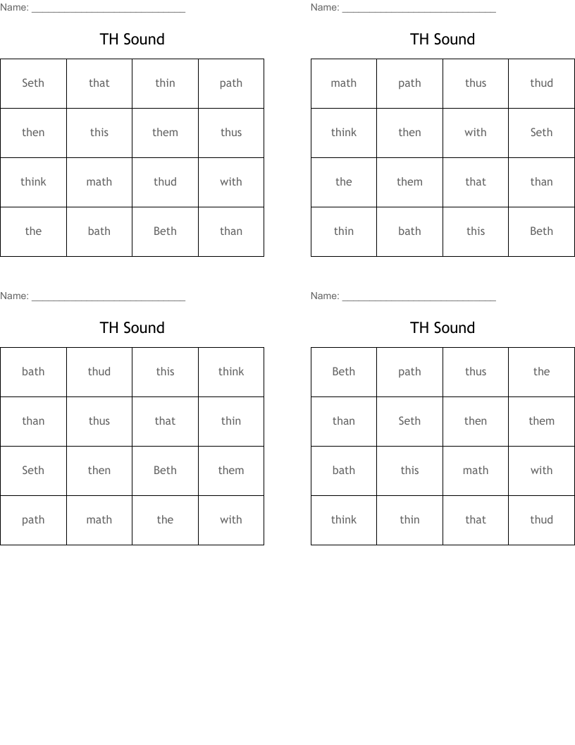 TH Sound Bingo Cards