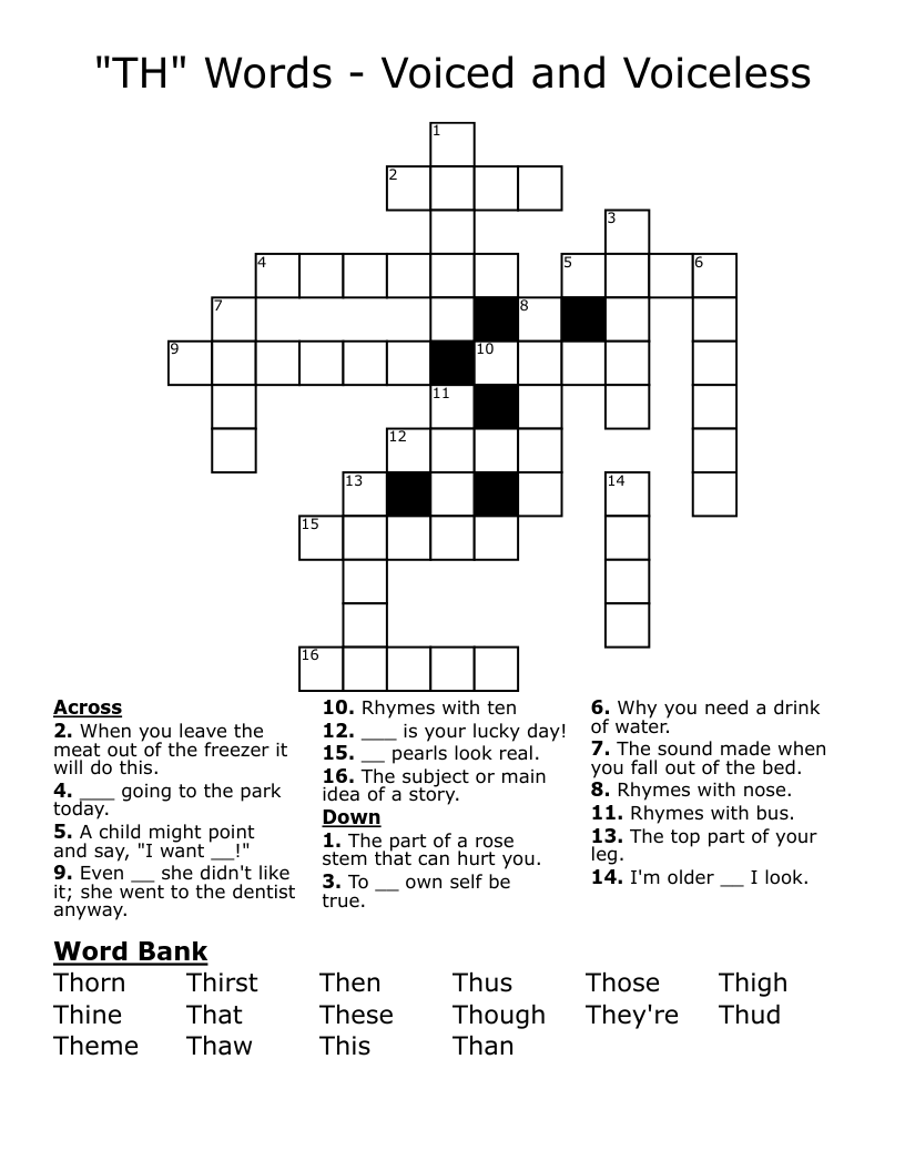 "TH" Words - Voiced and Voiceless Crossword