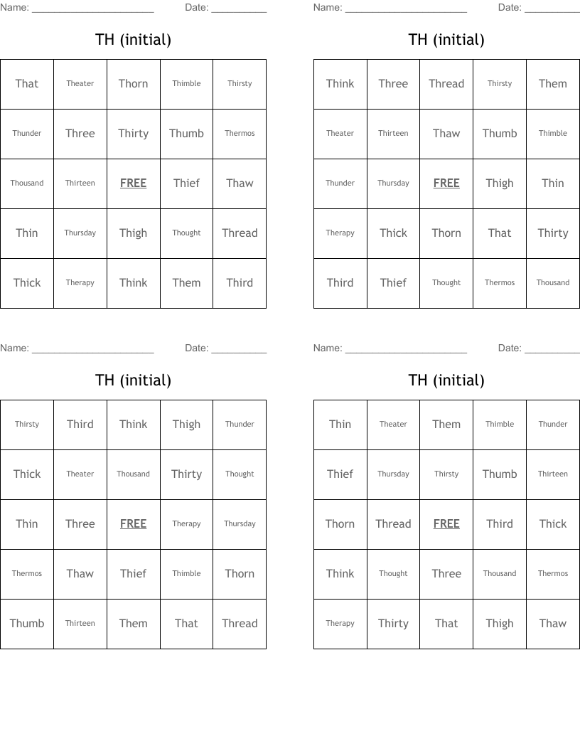 TH (initial) Bingo Cards