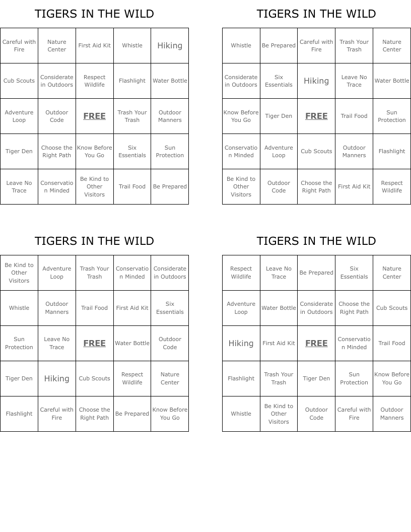 TIGERS IN THE WILD Bingo Cards