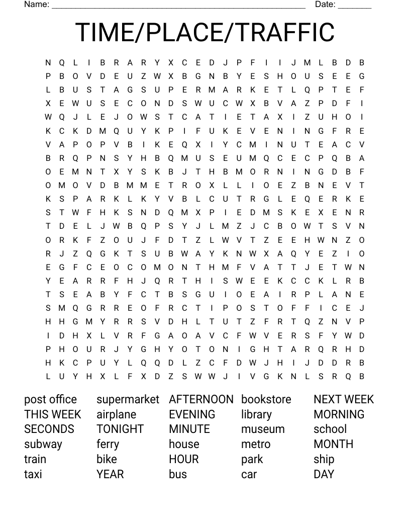 TIME/PLACE/TRAFFIC Word Search