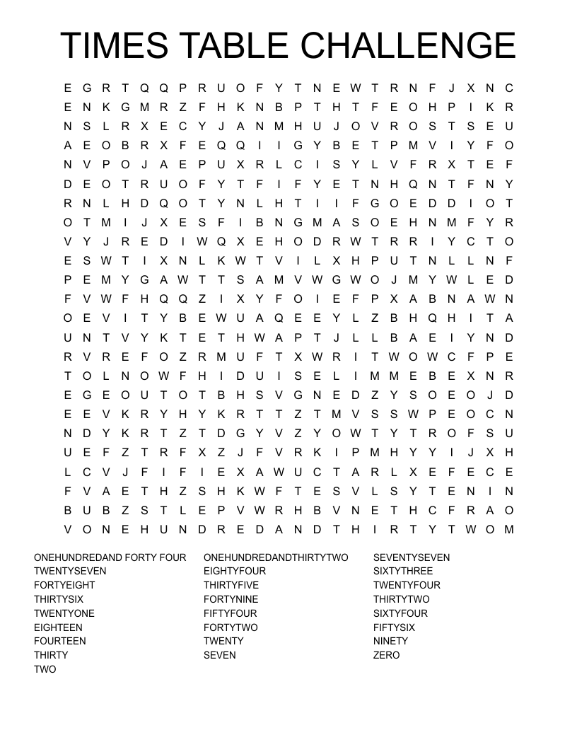 TIMES TABLE CHALLENGE Word Search
