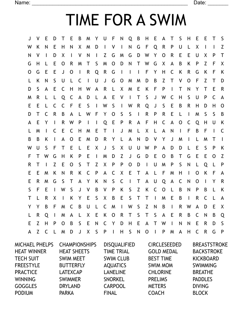 TIME FOR A SWIM Word Search