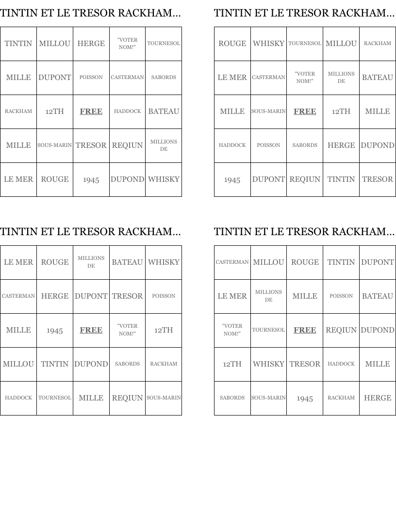 TINTIN  ET LE  TRESOR RACKHAM LE ROUGE Bingo Cards