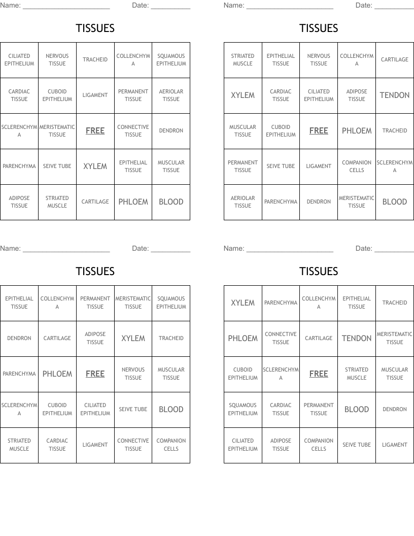 TISSUES Bingo Cards