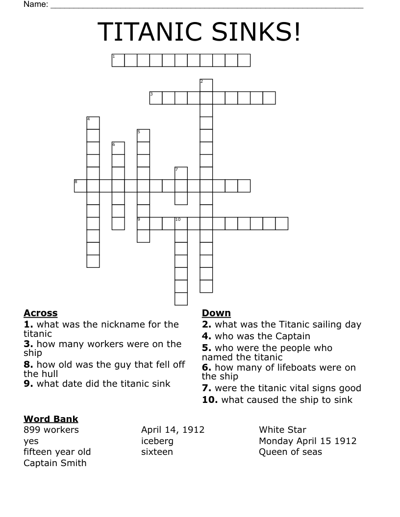 TITANIC SINKS! Crossword