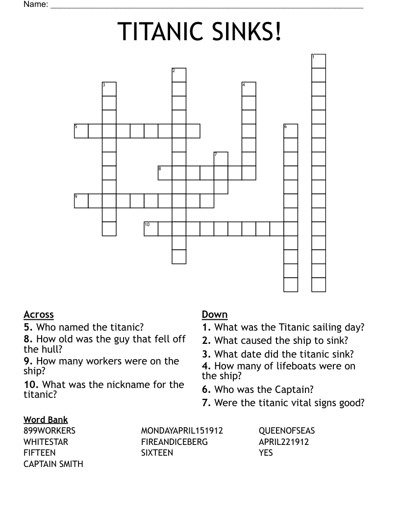 TITANIC SINKS! Crossword