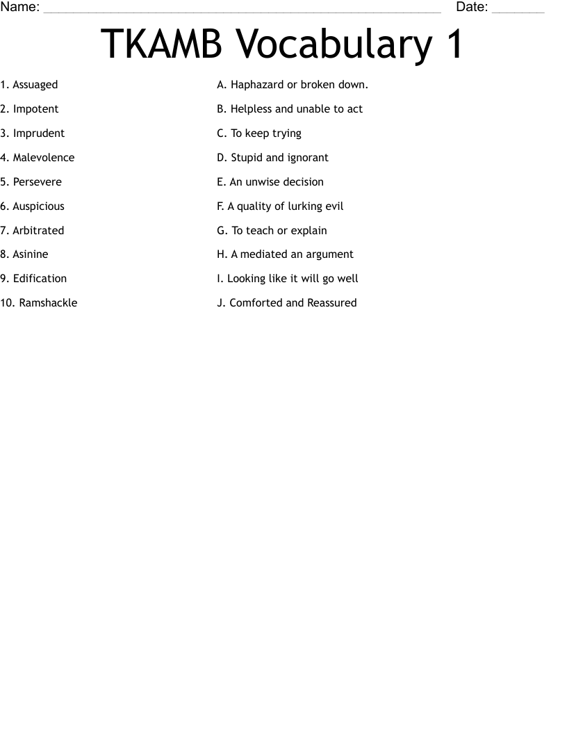 TKAMB Vocabulary 1 Worksheet