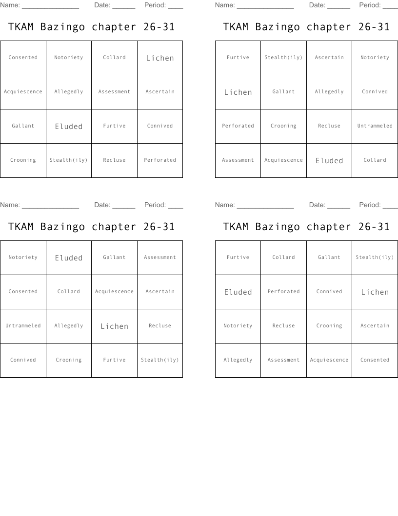 TKAM Bazingo chapter 26-31 Bingo Cards