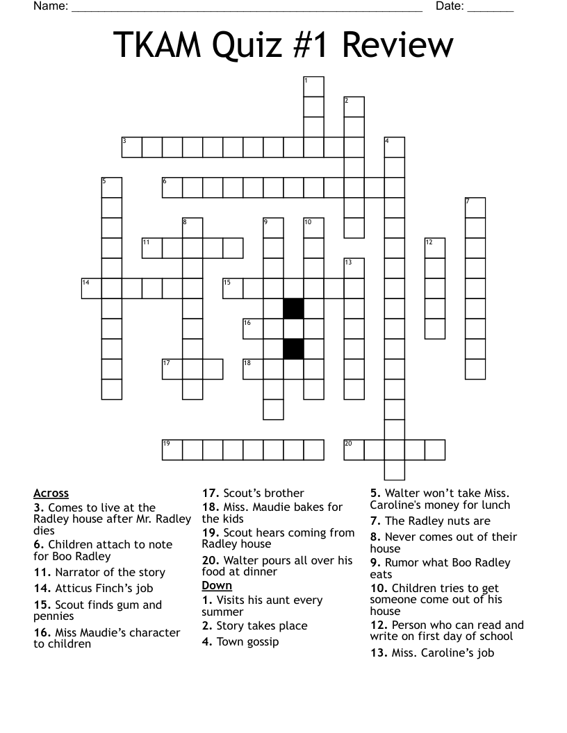 TKAM Quiz #1 Review Crossword