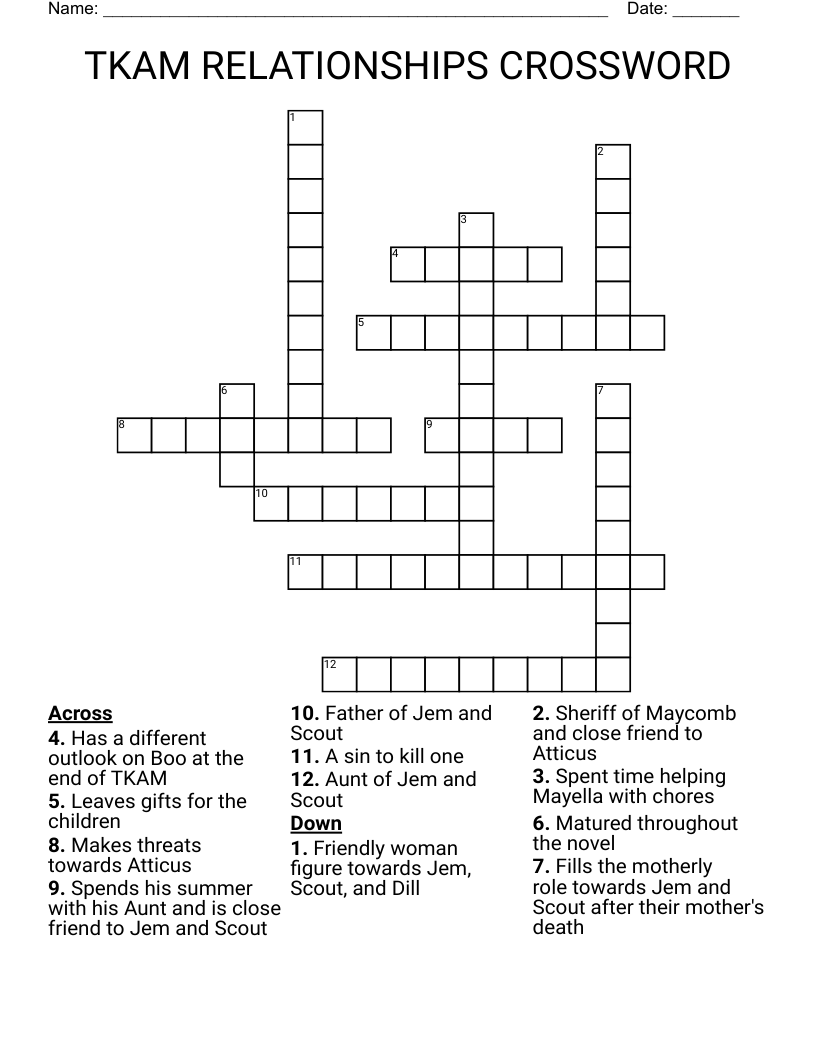 TKAM RELATIONSHIPS CROSSWORD