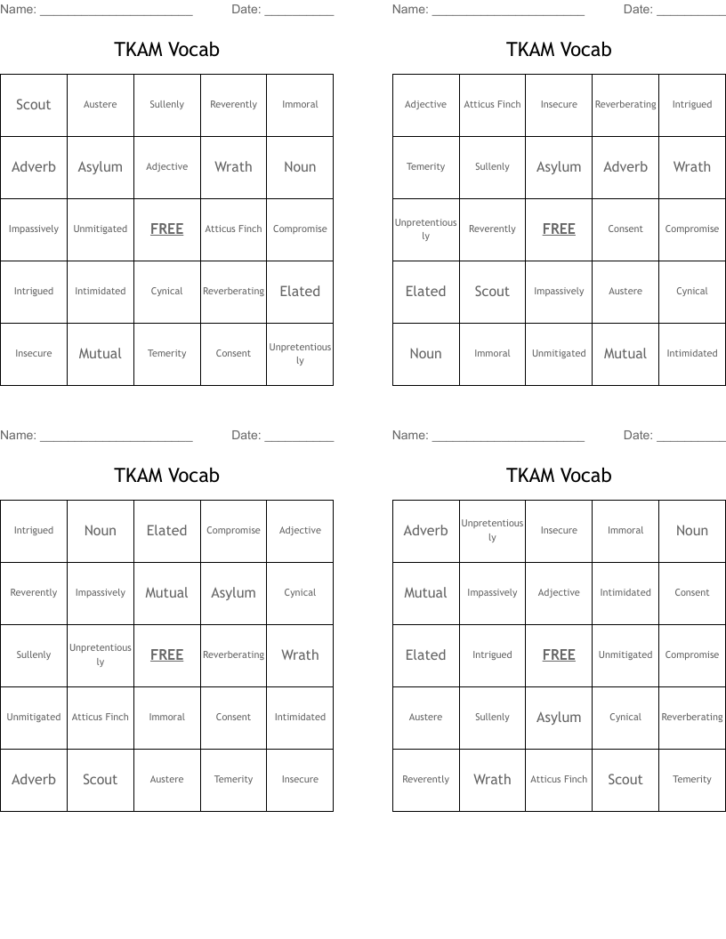 TKAM Vocab Bingo Cards