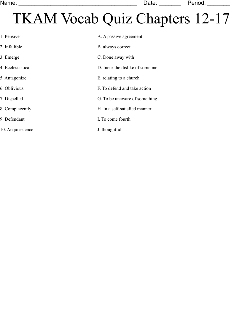 TKAM Vocab Quiz Chapters 12-17 Worksheet