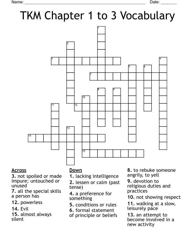 TKM Chapter 1 to 3 Vocabulary Crossword