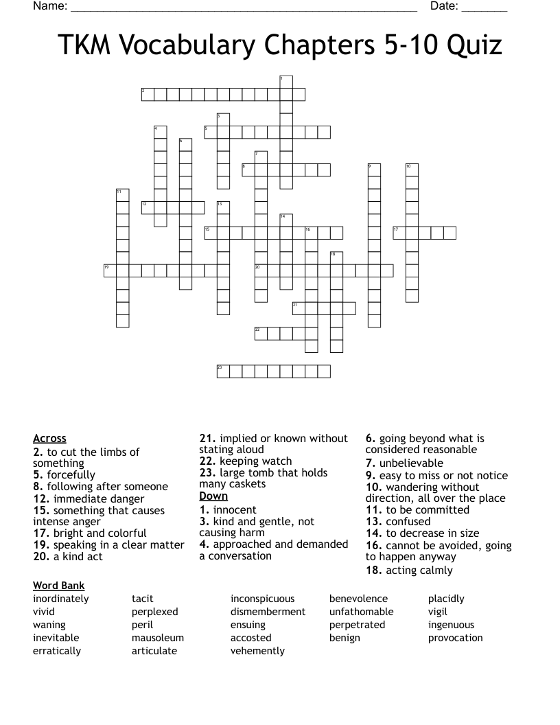 TKM Vocabulary Chapters 5-10 Quiz Crossword