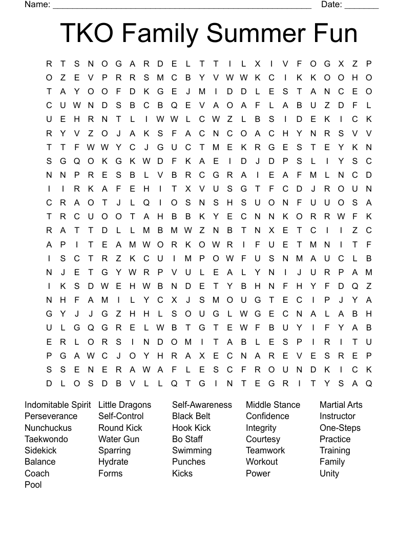 TKO Family Summer Fun Word Search