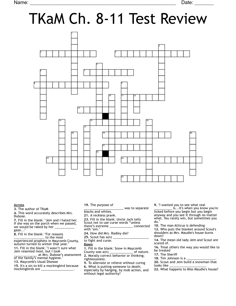 TKaM Ch. 8-11 Test Review Crossword