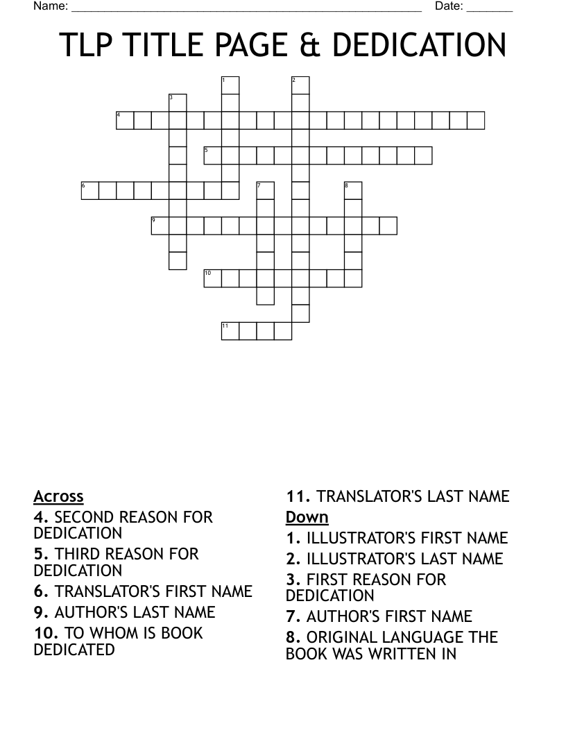 TLP TITLE PAGE & DEDICATION Crossword