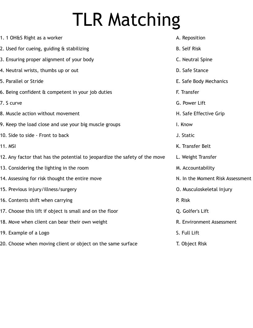 TLR Matching Worksheet