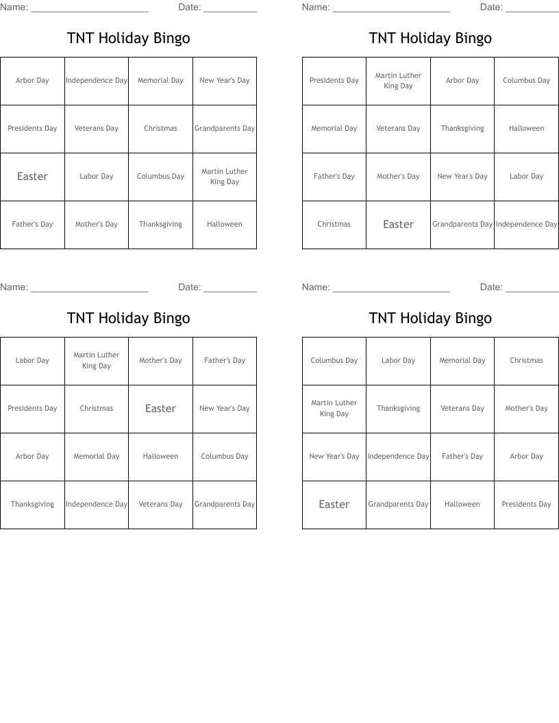 TNT Holiday Bingo