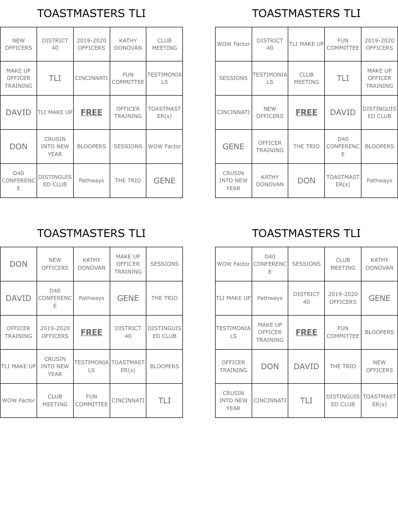 TOASTMASTERS TLI Bingo Cards