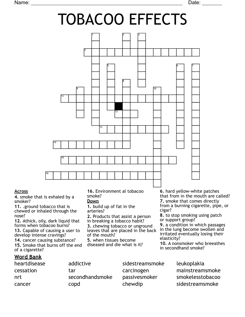 TOBACOO EFFECTS Crossword