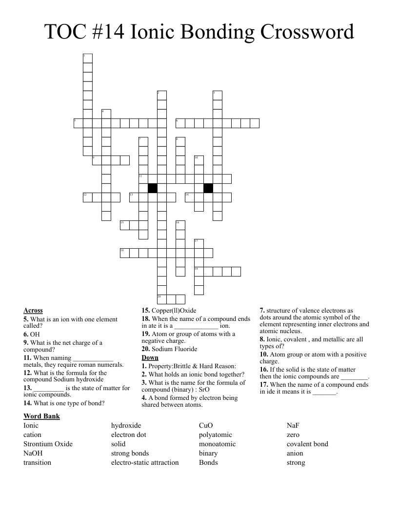TOC #14 Ionic Bonding Crossword 