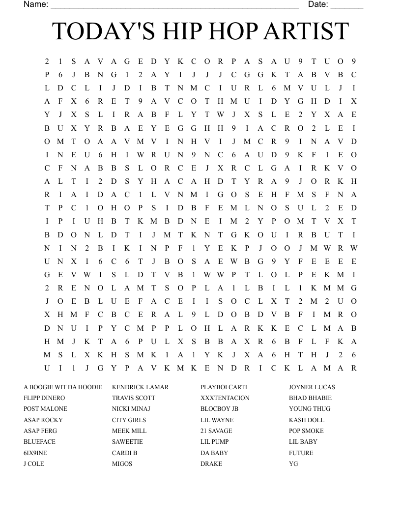 TODAY'S HIP HOP ARTIST Word Search