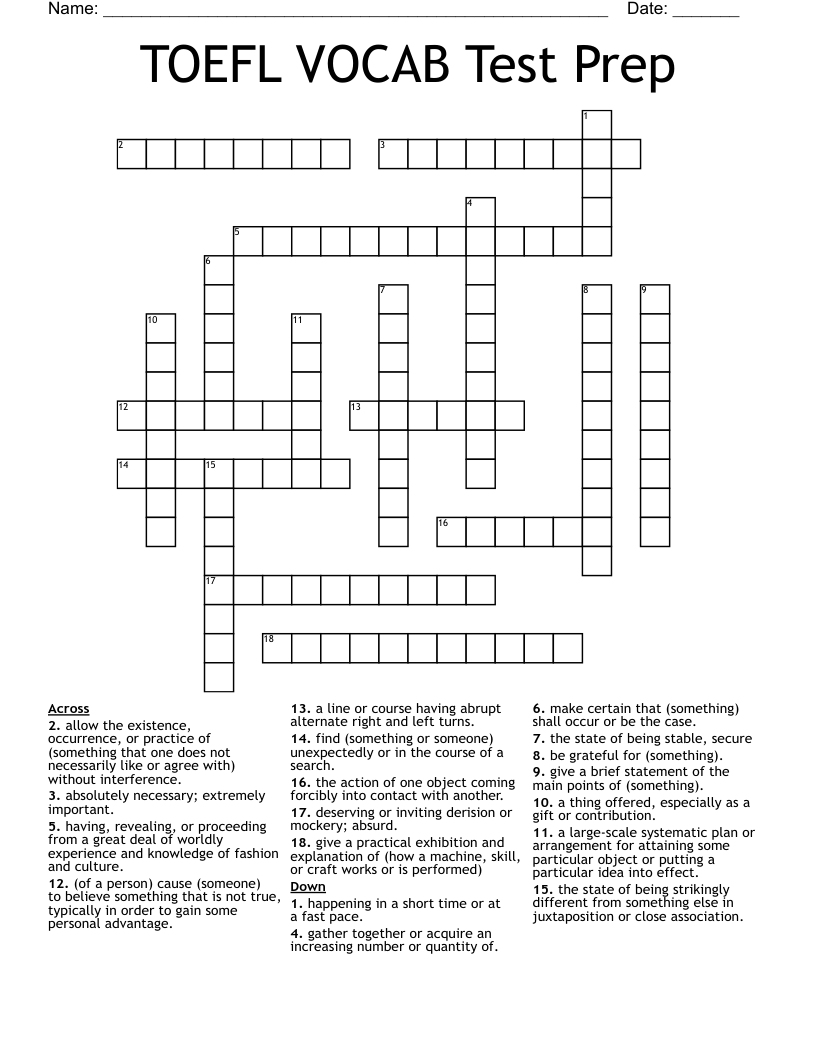 TOEFL VOCAB Test Prep  Crossword