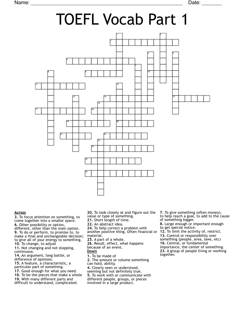 TOEFL Vocab Part 1 Crossword