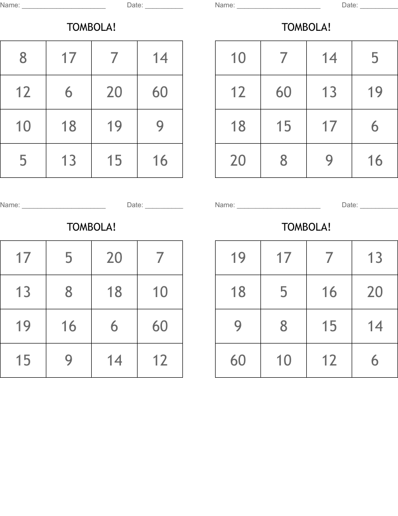 TOMBOLA! Bingo Cards