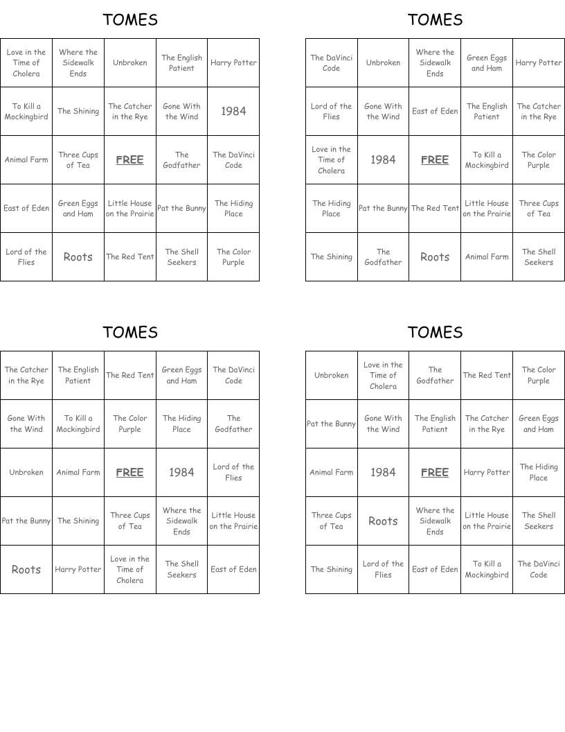 TOMES Bingo Cards