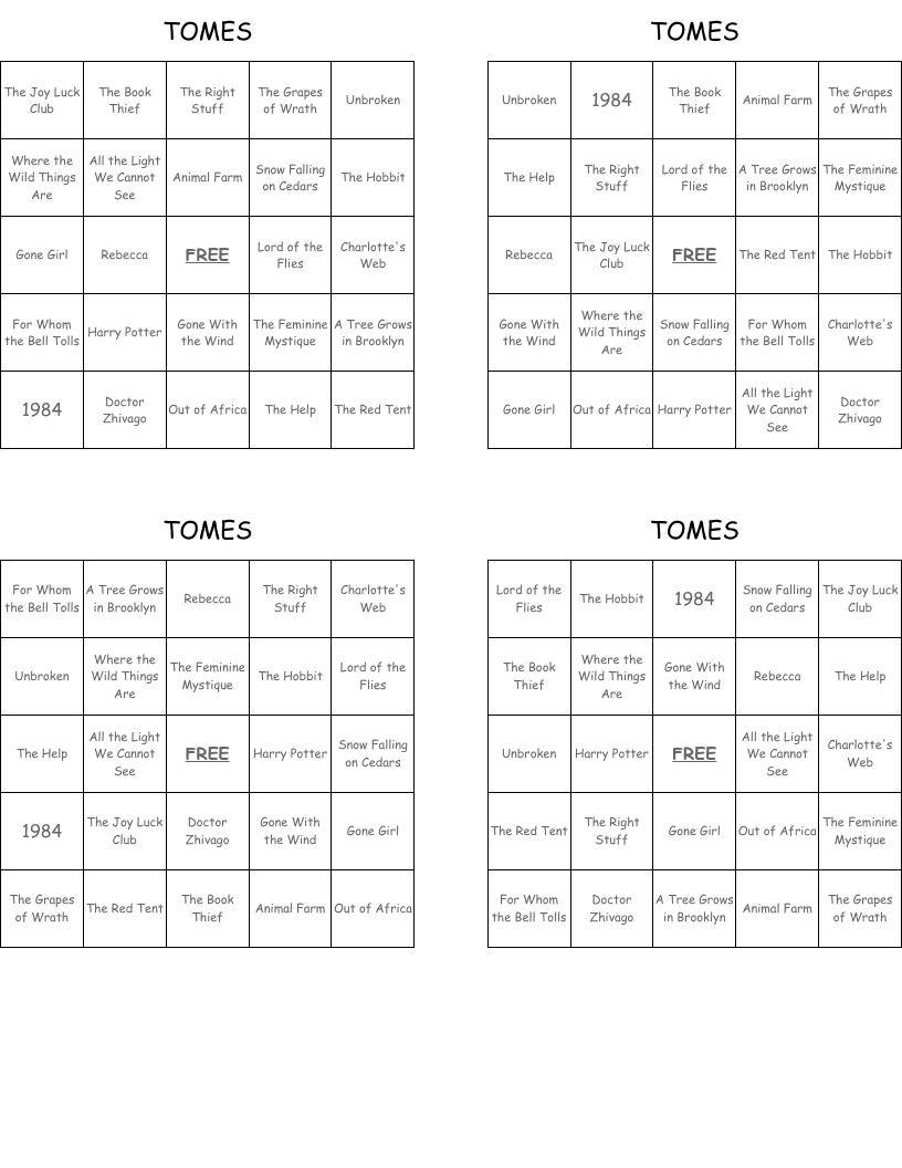 TOMES Bingo Cards
