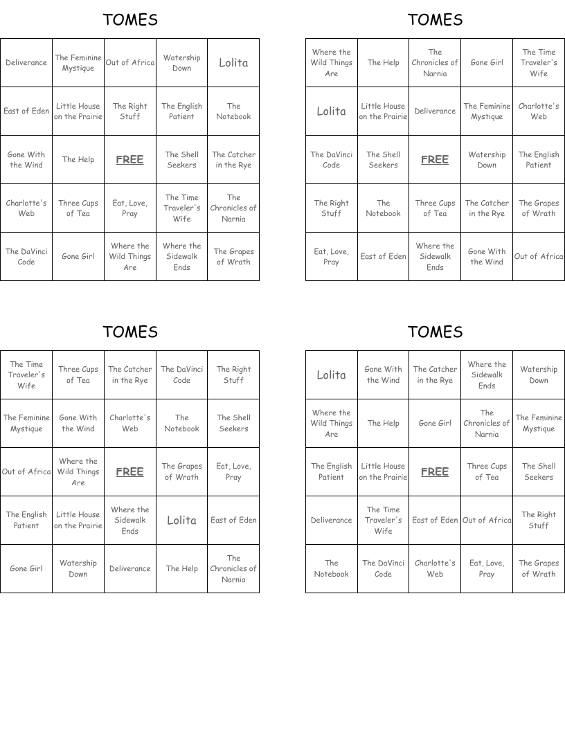 TOMES Bingo Cards