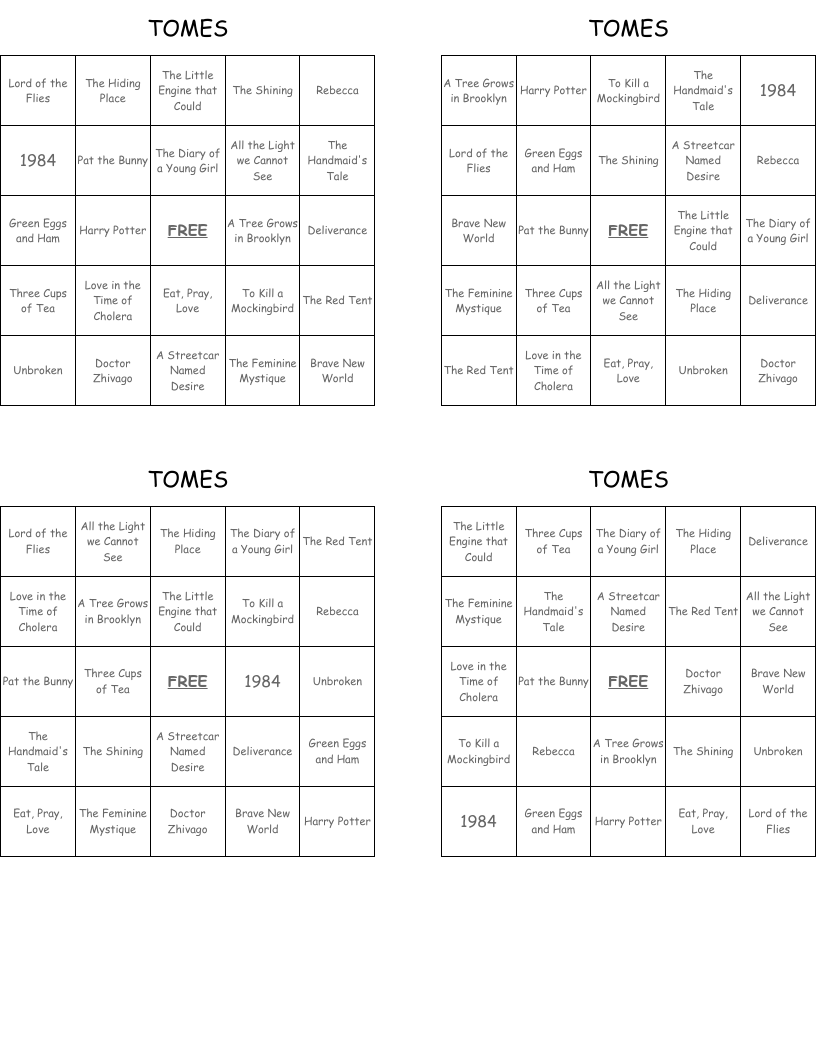 TOMES Bingo Cards