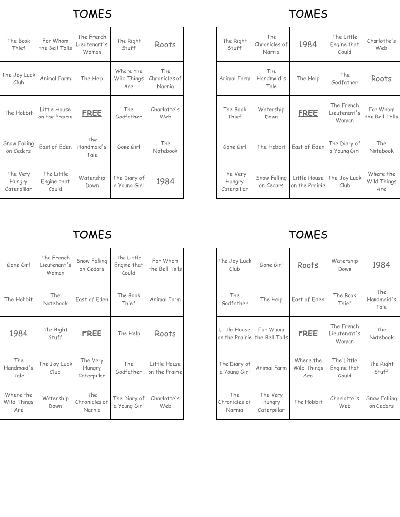 TOMES Bingo Cards