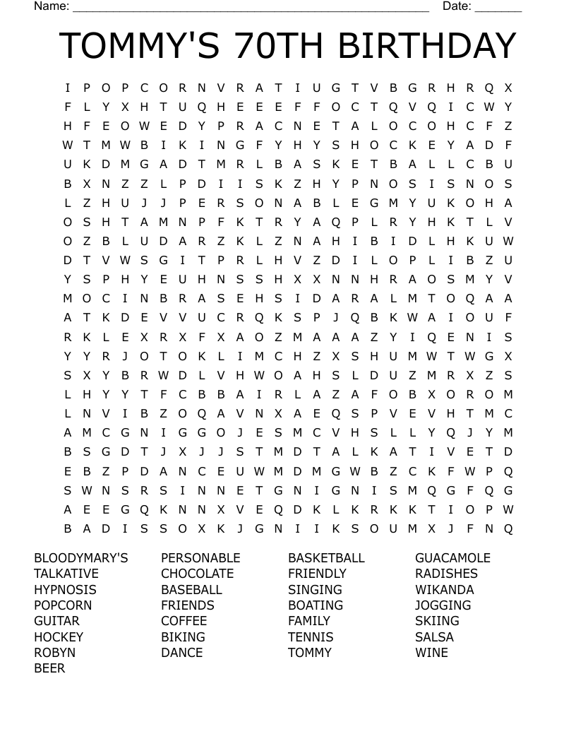 TOMMY'S 70TH BIRTHDAY Word Search