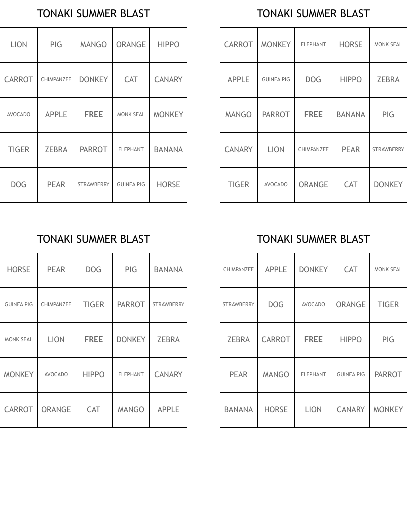 TONAKI SUMMER BLAST Bingo Cards