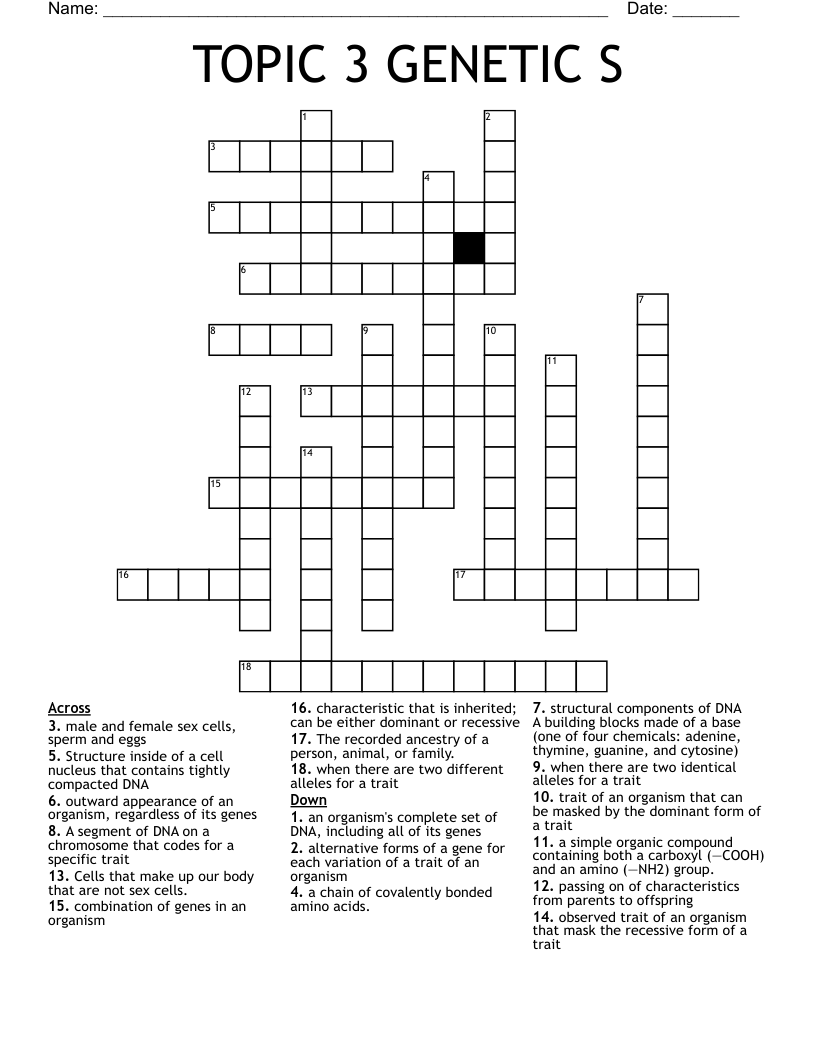 TOPIC 3 GENETIC S Crossword