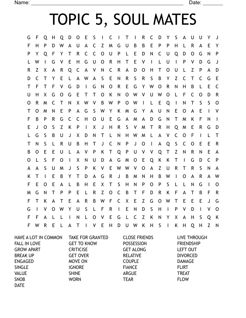 TOPIC 5, SOUL MATES Word Search